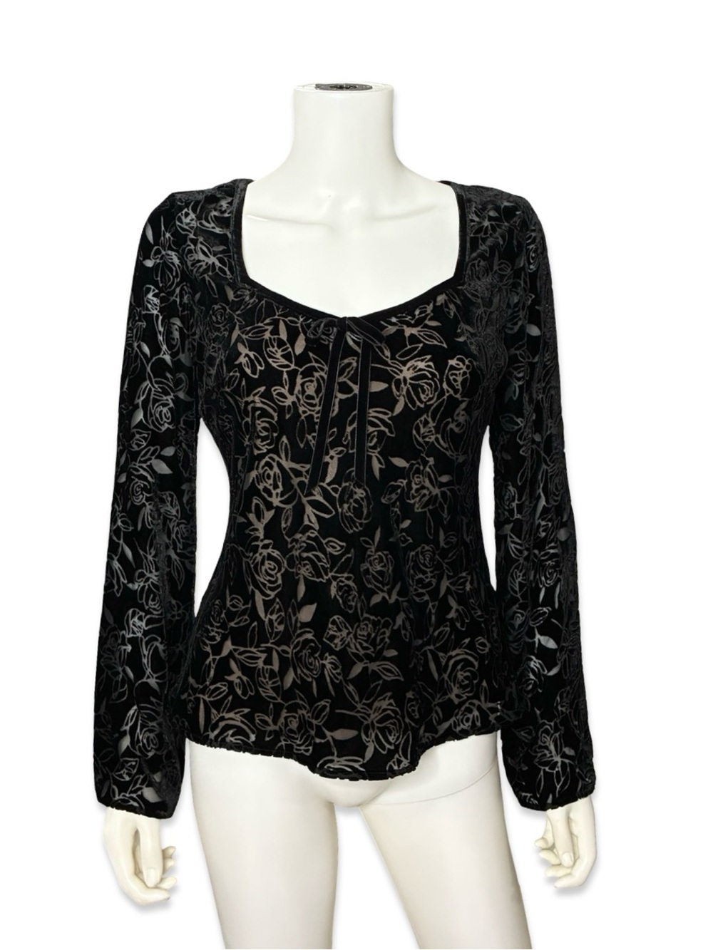 Ann Taylor LOFT Y2K Black Velvet Rose Sheer Top